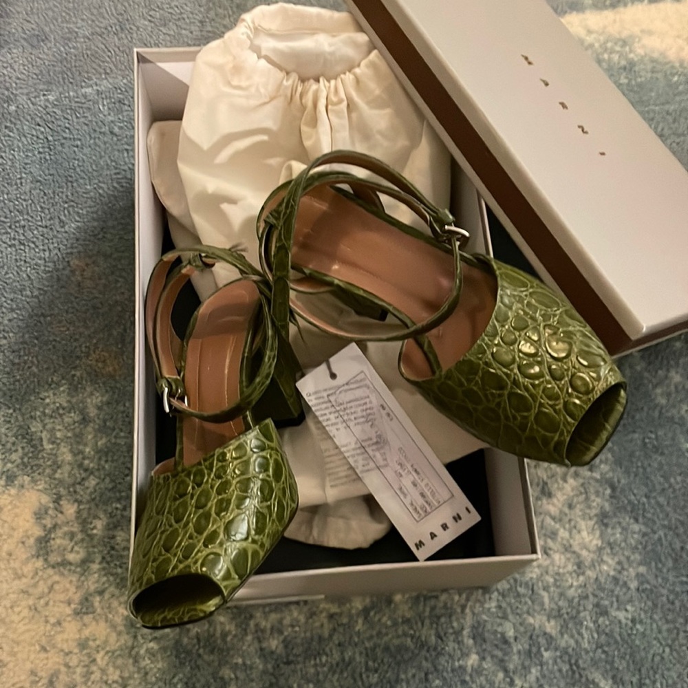 MARNI Peep Toe High Heel Croc Print Sandals in Dusty Olive